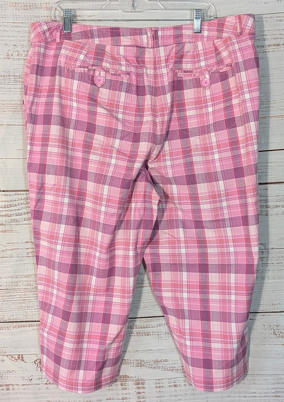 Fashion Bug Pink Plaid Capri Pants Size 20 Stretch Button Cuff Crop Pants